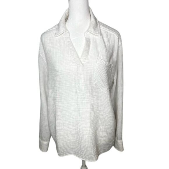 CeCe Womens Popover White Cotton Long Sleeve Button-Down Shirt Size M - Picture 1 of 12